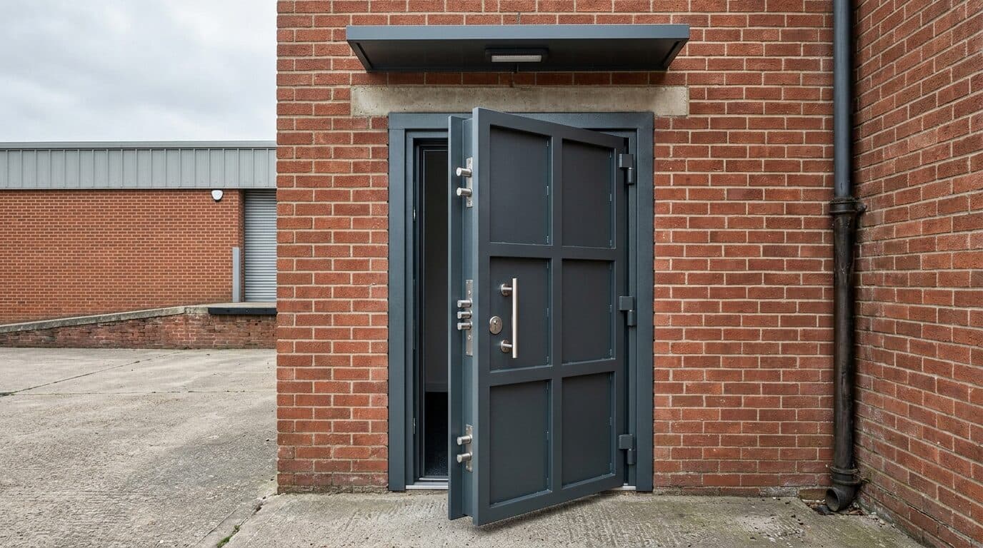 Steel security door on commercial warehouse