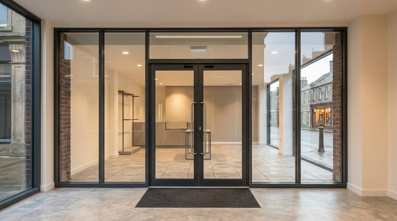 Interior view through aluminium shopfront entrance