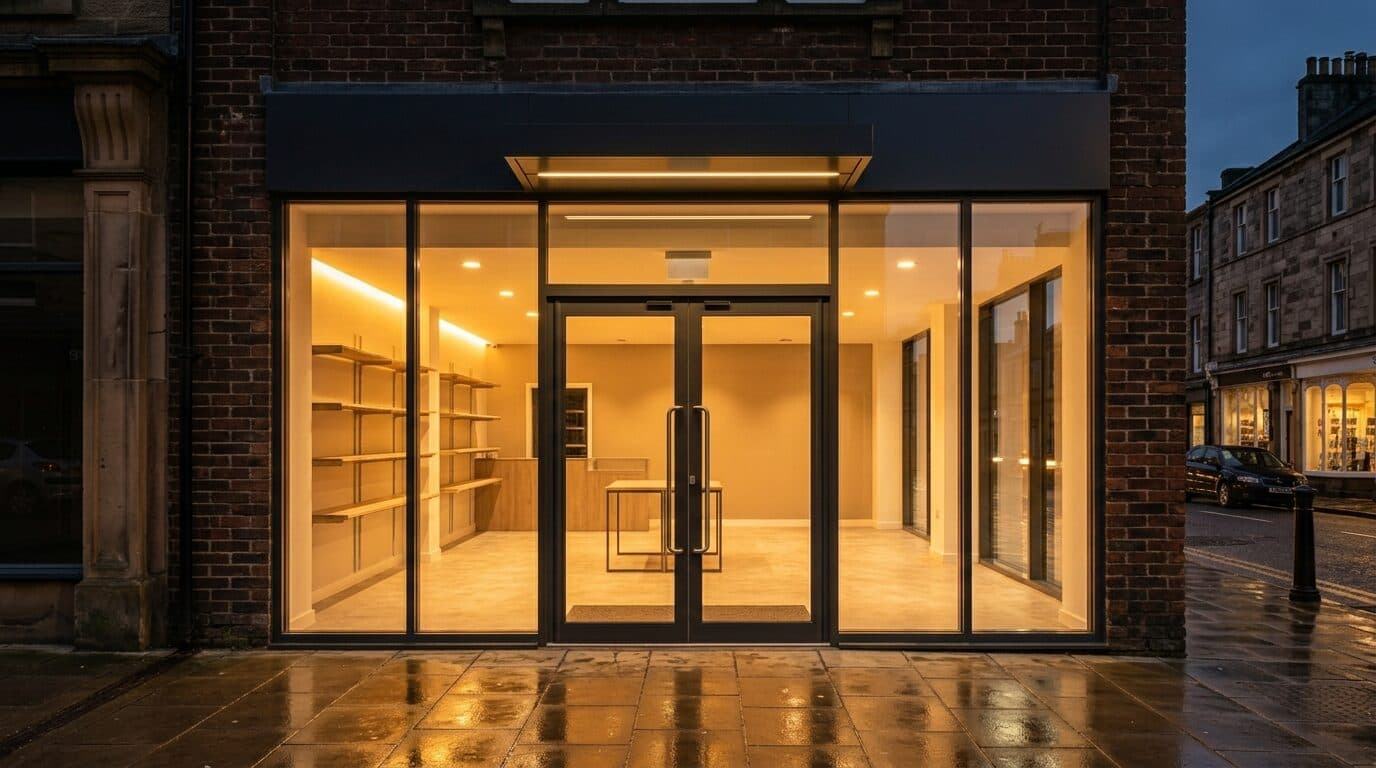 Aluminium shopfront illuminated at night