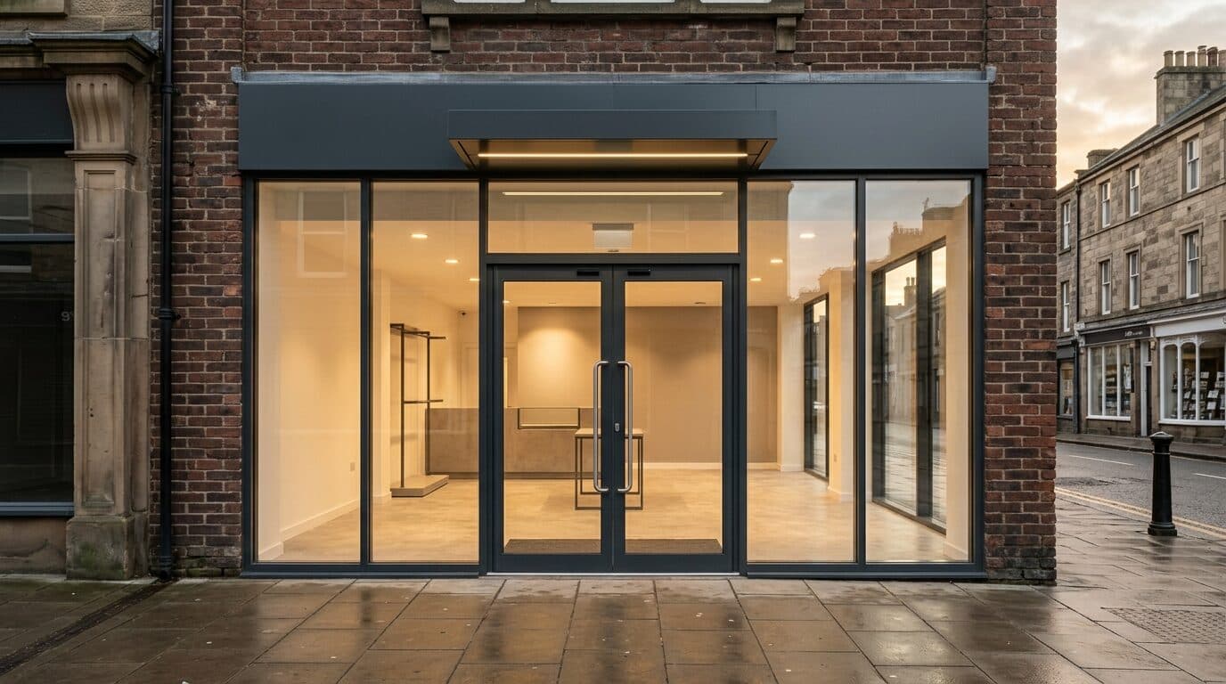 Premium anthracite aluminium shopfront with full glazing